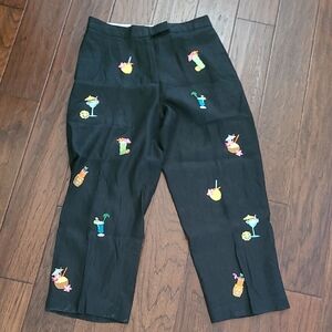 Saint Tropez West Black Linen Pants with Colorful Embroidered Cocktails size 10